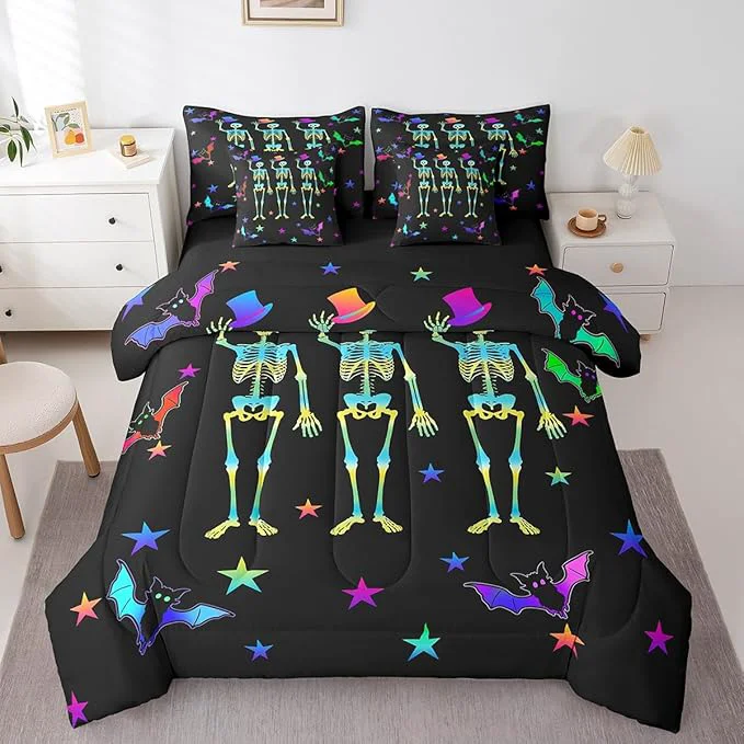 Smooth Erosebridal Sugar Skull Bed in a Bag King Size Comforter Set 7 Pieces Gothic Skeleton Halloween Decor Bedding Sets Galaxy Stars Sheet Set with Comforter Reliable