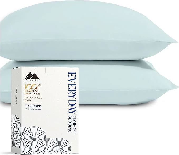 Professional Mayfair Linen Organic Cotton Percale Pillow Cases Queen Standard Size Set of 2 - Percale Pillowcovers Standard Queen Sea Foam Soft Cooling Pillow Case for Sleeping Cotton Pillowcases Exclusive