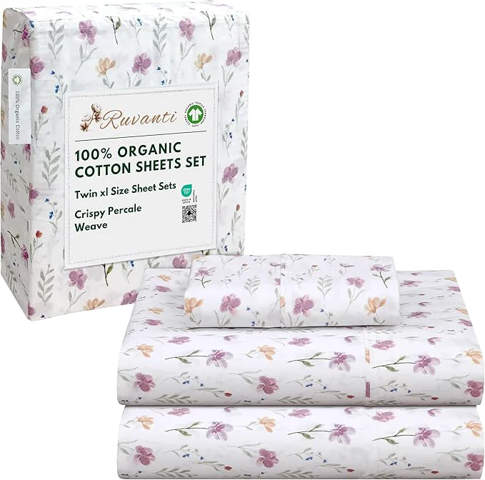 Reusable RUVANTI Organic Cotton Sheets Twin XL Percale Weave GOTS 3-Piece Set Deep Pocket 15 quot Crisp amp Breathable Soft Durable Bedding Sábanas Algodón Orgánico – Obsessed Stems Enhanced