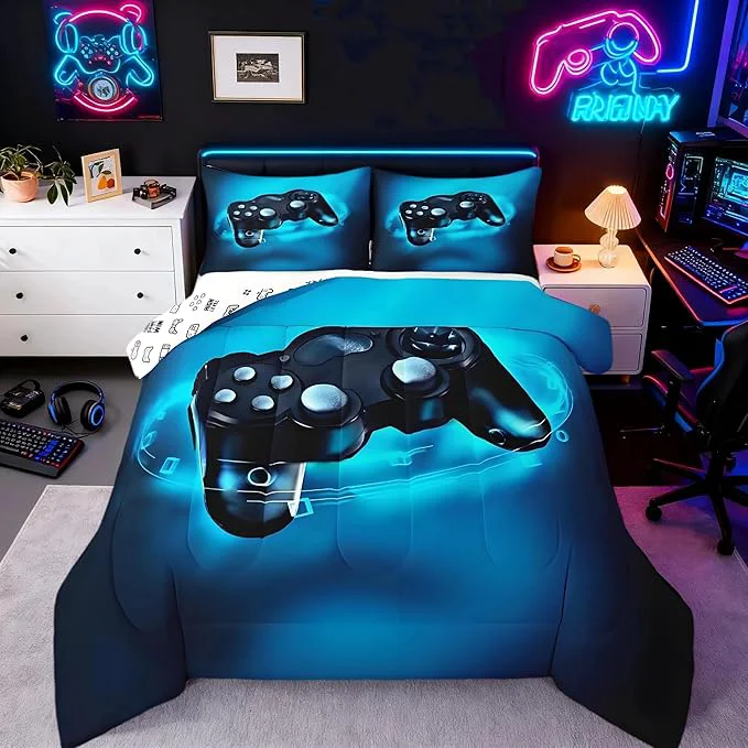 Crafted Feelyou Gaming Bedding Set for Boys Gamer Comforter Set for Teens Kids Gamer Room Decor Blue Video Games Comforter Duvet Set King Size Gamepad Quilted All Season 1 Comforter with 2 Pillow Cases Long-Lasting