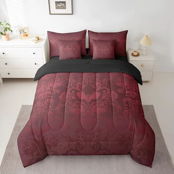 Prestigious Erosebridal Gothic Damask 7 Piece Comforter Set Full Bed in a Bag Halloween Bat Bedding Sets Red Victorian Floral Goth Sheet Set with Comforter Next-Generation