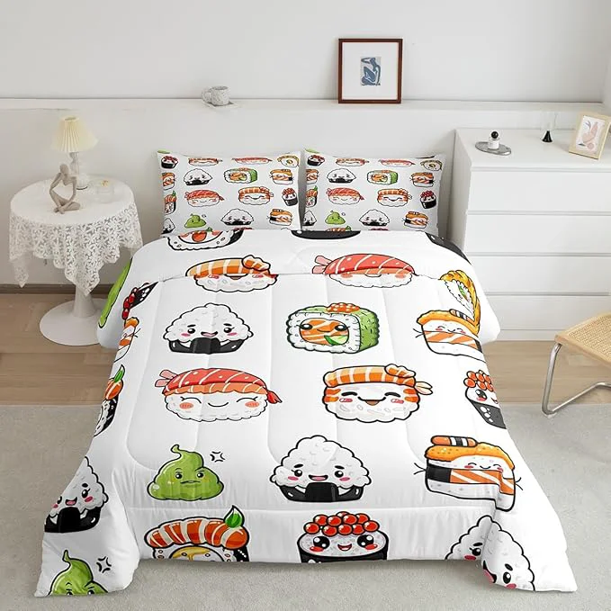 Refined Feelyou Sushi Pattern Comforter Set Japanese-Style Bedding Set for Kids Boys Girls Teens Food Theme Comforter Cute Cartoon Japanese Sushi Duvet Set Room Decor Quilt Set Queen Size Microfiber Responsible