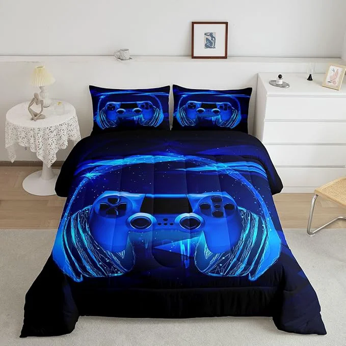 Solid Feelyou Gamer Bedding Set Kids Video Game Gamepad Comforter Set for Boys Teens Gaming Headset Comforter Breathable Blue Game Controller Duvet Set Room Decor Quilt Set Twin Size Versatile