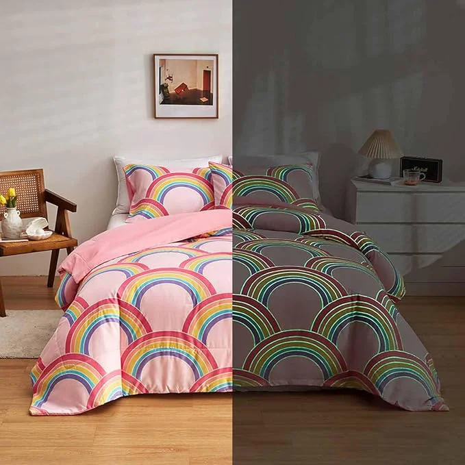 Clean Feelyou Rainbow Glow in The Dark Comforter Set for Girls Kids Queen Pink Rainbow Bedding Set Super Soft Colorful Stripe Mermaid Scales Comforter Baby Girl Bedroom Pink Decor Bedding Quilted Duvet Advanced