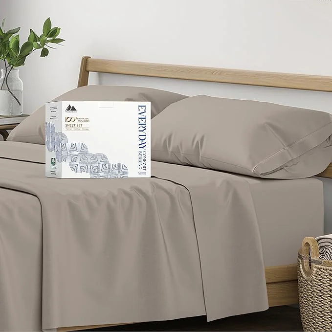 Sustainable Mayfair Linen Organic Cotton Sheets Queen Size - 4 PC Organic Cotton Queen Size Percale Weave Sheet Set Soft Cooling Crisp amp Breathable 16 quot Deep Pocket Hotel Quality Bedding Set - Taupe Outstanding