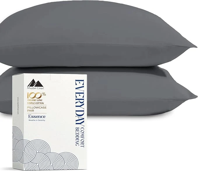 Sophisticated Mayfair Linen Organic Cotton King Size Pillow Cases Set of 2 - Soft Hotel Quality Covers for King Size Pillows Dark Grey GOTS Crisp Cooling Percale Cotton Pillowcases Elegant