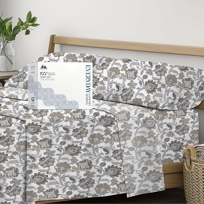 Fine Crafted Mayfair Linen Organic Cotton Printed Sheets Full Size - Percale Weave Cotton Full Size Sheet Set 4 PC Floral Ivory Soft amp Crisp GOTS Cooling Sheets 16 quot Deep Pocket Practical