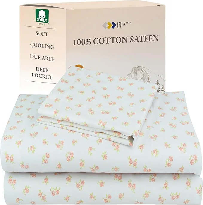 Effective California Design Den Floral Sheet Set Twin XL Cotton Sheets 12 quot Pocket Twin XL Sheets amp Pillowcase Set Soft Sateen Weave - Chic Floral Unique