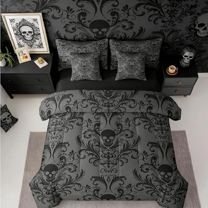 Quality Erosebridal Gothic Damask Bed in a Bag Queen Comforter Set 7 Piece Sugar Skull Bedding Sets Black Grey Victorian Floral Goth Sheet Set with Comforter Organic