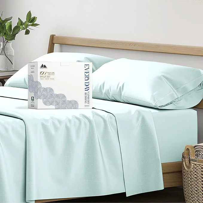 Fine Crafted Mayfair Linen Organic Cotton Percale Sheets Twin Size - 3 Piece Set 16 quot Deep Pocket Breathable Soft Cooling Sheets for Dorm Room - Sea Foam Comfortable