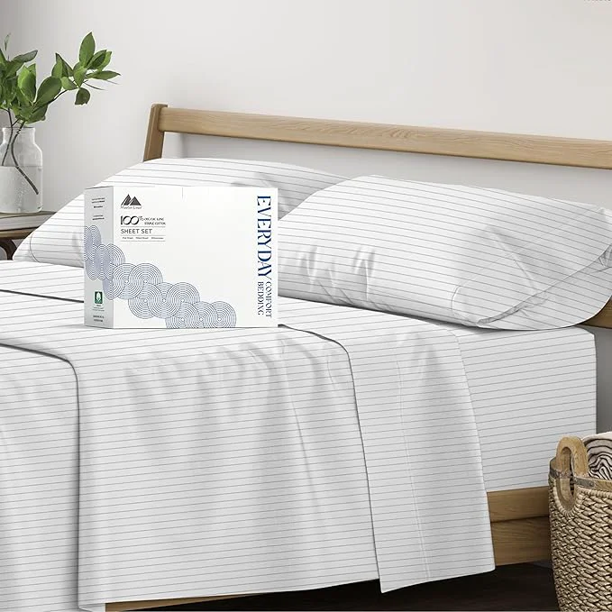 Pure Mayfair Linen Organic Cotton Printed Sheets California King Size - Percale Cotton Cal King Size Sheet 4 PC Light Grey Pinstripe Soft amp Crisp GOTS Cooling Sheets 16 quot Deep Pocket Excellent