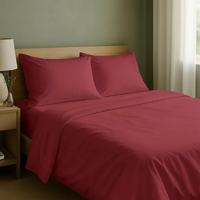 Optimized California Design Den Natural Cotton Sheets Full Size Bed Set with Deep Pockets - Soft Sateen Weave Durable Sheets Brick Red Elegant