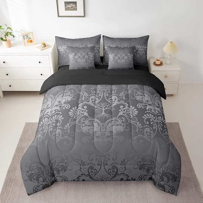 Trendy Erosebridal Gothic Damask Bed in a Bag King Size Comforter Set 7 Pieces Sun Moon Tree of Life Bedding Sets Silver Gray Victorian Floral Goth Sheet Set with Comforter Official