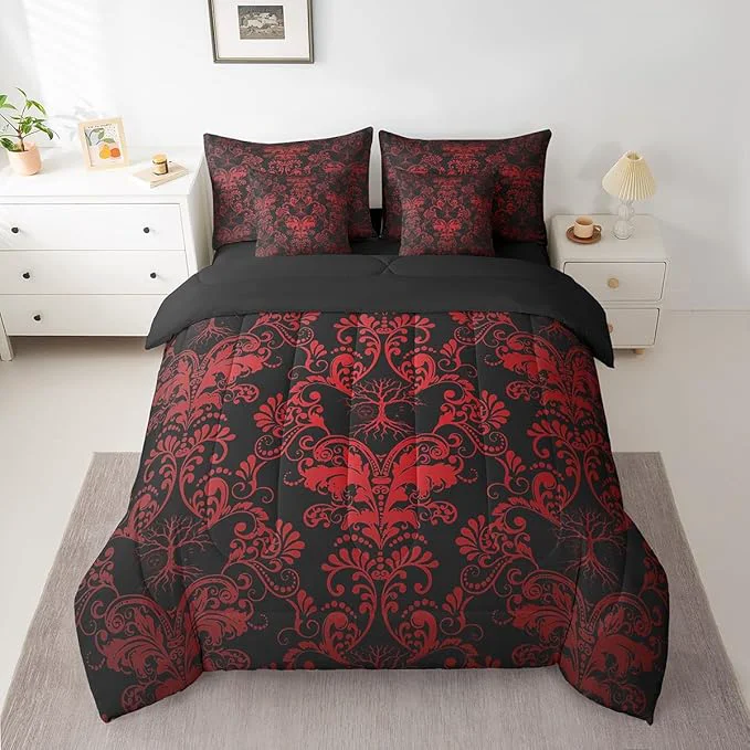 Organic Erosebridal Gothic Damask 7 Piece Comforter Set Full Bed in a Bag Sun Moon Tree of Life Bedding Sets Red Black Victorian Floral Goth Sheet Set with Comforter Secure