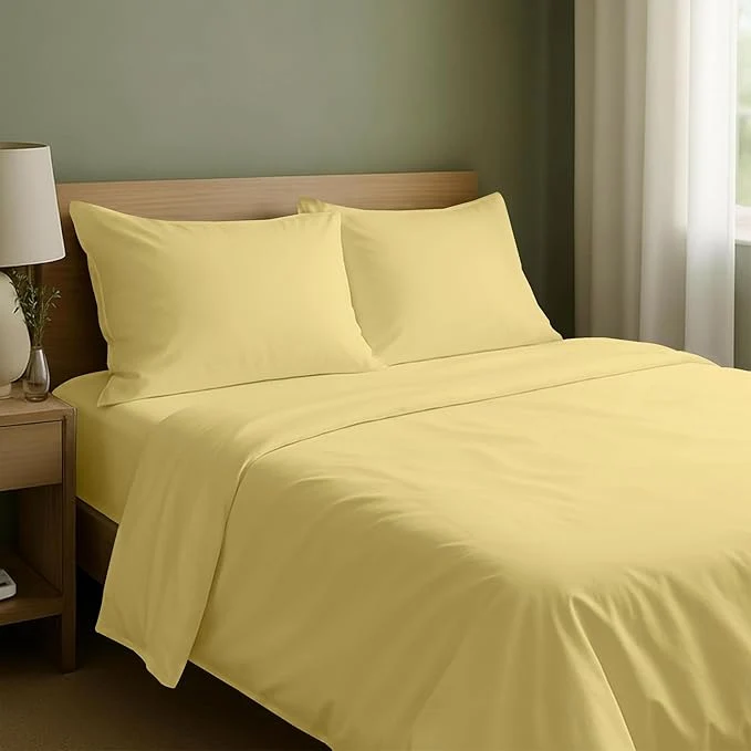 Smart California Design Den Natural Cotton Bed Sheets Full Size Bed Set with Deep Pockets - Soft Sateen Weave Durable Sheets Buttery Yellow Powerful