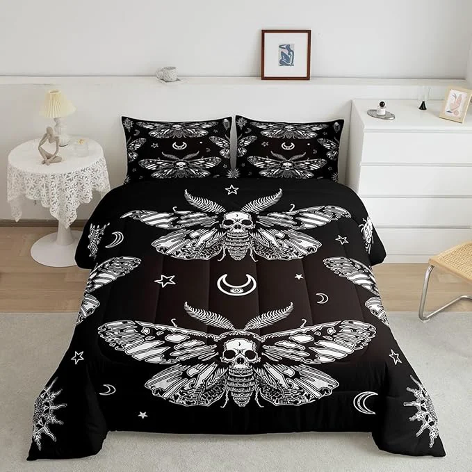 Exceptional Feelyou Boys Boho Moth Comforter Set Toddler Size Men Gothic Skull Bedding Set for Girls Women Bedroom Decor Bohemian Moon Star Comforter Moth Skull Skeleton Bones Duvet Set Teens Quilt Set Exclusive