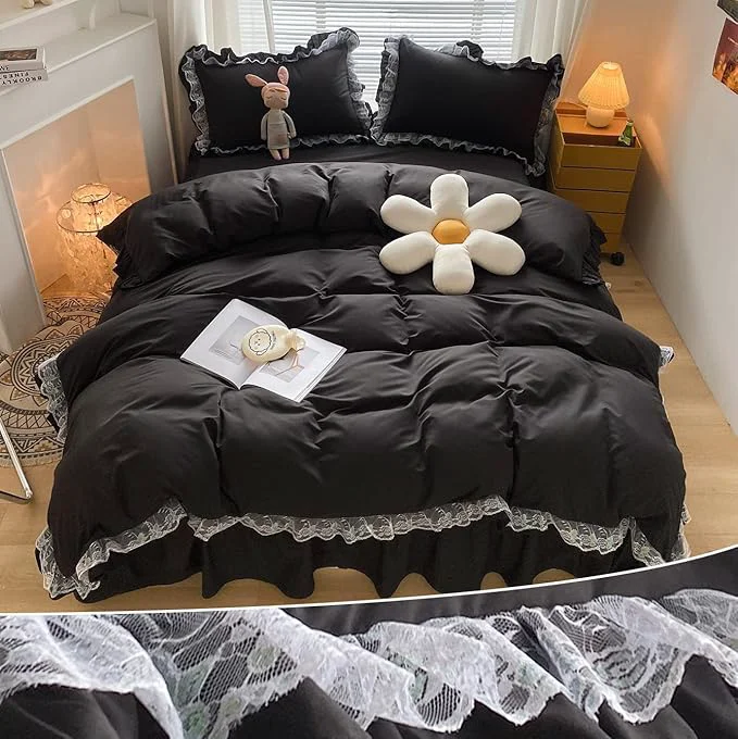 Stylish MOOWOO Ruffle Duvet Cover Full Size - Cute Girl Lace Bedding Includes 1 Duvet Cover 90x90 Inches with Zipper Closure amp 2 Pillow Shams No Comforter - Black Full Premium Material