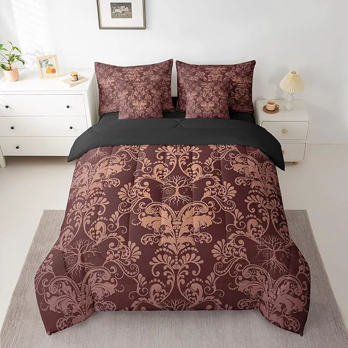 Top-Quality Erosebridal Gothic Damask Bed in a Bag King Size Comforter Set 7 Pieces Sun Moon Tree of Life Bedding Sets Brown Victorian Floral Goth Sheet Set with Comforter Genuine