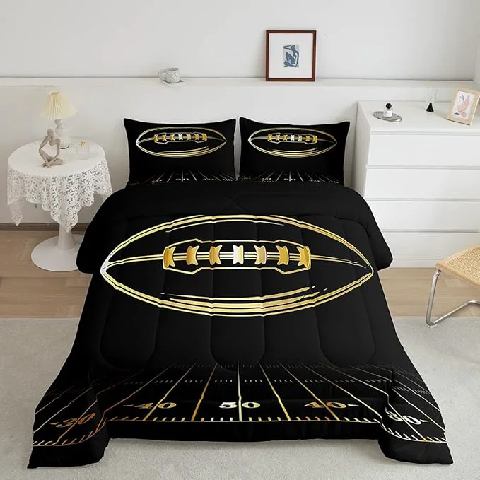 Practical Feelyou Football Bedding Set Full Kids Rugby Sports Comforter Set American Football Comforter Set for Boys Golden Black Room Decor Lightweight Quilt Set with 2 Pillow Case Powerful