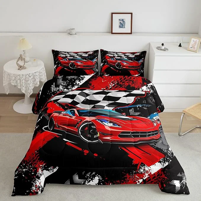 Recyclable Feelyou Car Bedding Set for Boys Cool Racing Sports Comforter Cover Kids Children Extreme Theme Modern Red Automobile Duvet Room Decor 1 with 2 Pillow Case Full Size SX8528BZZSJ Original