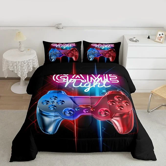 Stylish Boys Gaming Comforter Set Full Size Teens Gamer Bedding Set Modern Blue Red Video Game Controller Comforter for Kids Children Youth Bedroom Decor Multi-Color Gamer Console Action Buttons Duvet Set Convenient