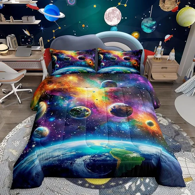 Smooth Feelyou Universe Galaxy Comforter Set Twin Size Kids Planets Earth Bedding Set Boy Girl Teen Solar System Comforter Breathable Outer Space Duvet Set Nebula Quilt Set Modern