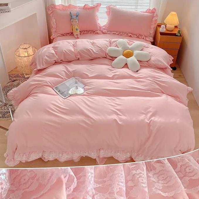 Official MOOWOO Chic Ruffle Lace Polyester Duvet Cover Set -Girl Pink Bedding-3 Piece Queen Duvet Cover with Zipper Closure -Ultra Soft and Light Weight Pink Queen Minimalist