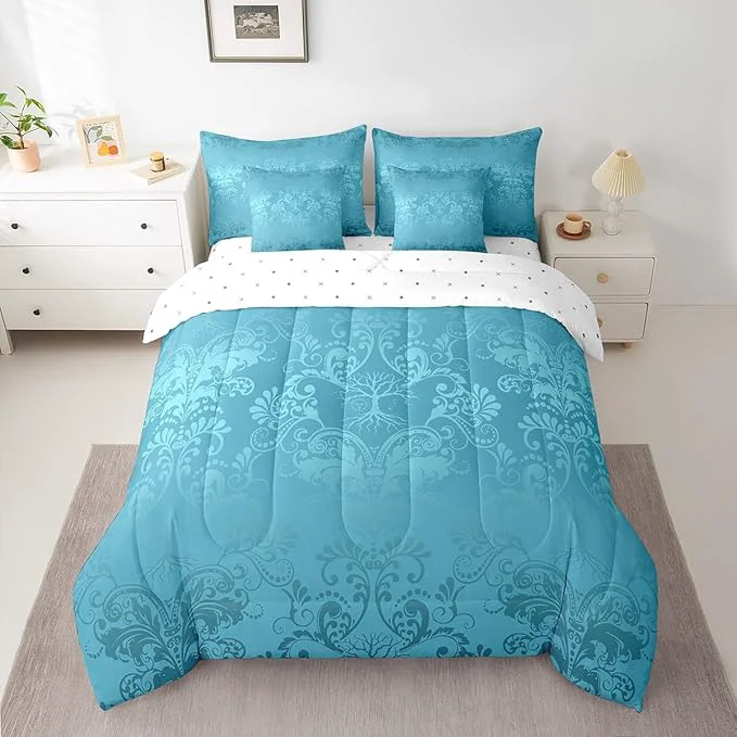 Fast Erosebridal Gothic Damask Bed in a Bag King Size Comforter Set 7 Pieces Sun Moon Tree of Life Bedding Sets Teal Victorian Floral Goth Sheet Set with Comforter High-End