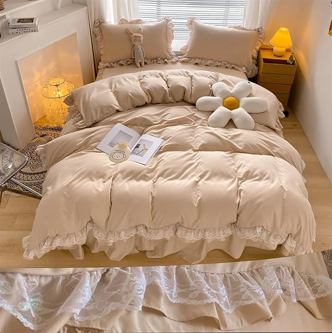 Sophisticated Chic Ruffle Lace Polyester Duvet Cover Set - Luxury Premium Champagne Bedding-2 Piece Twin Duvet Cover with Zipper Closure -Ultra Soft and Light Weightt Champagne Twin -NO Including Comforter Excellent