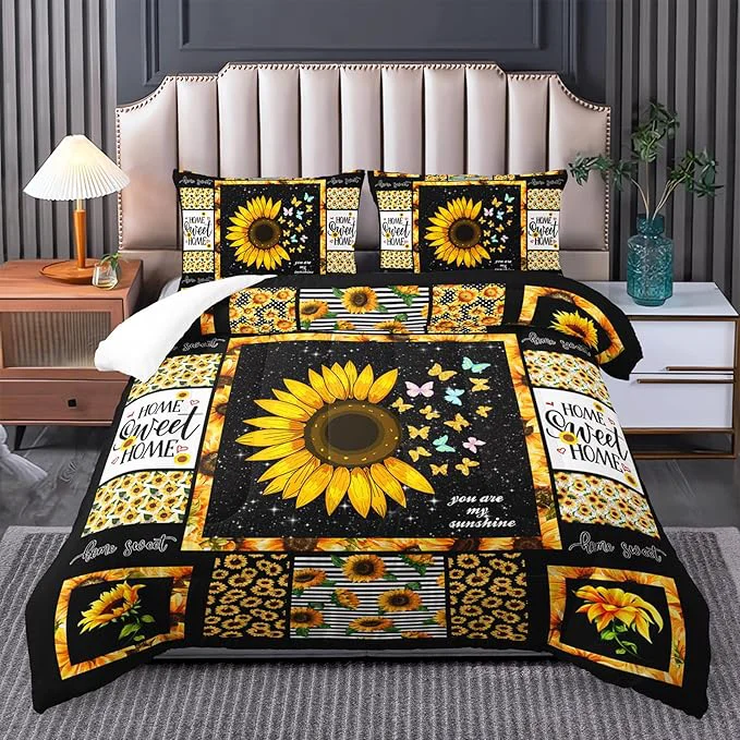 Efficient Sunflower Queen Bedding Set Yellow Comforter for Girls and Teen Boys Western Boho Quilt Stylish