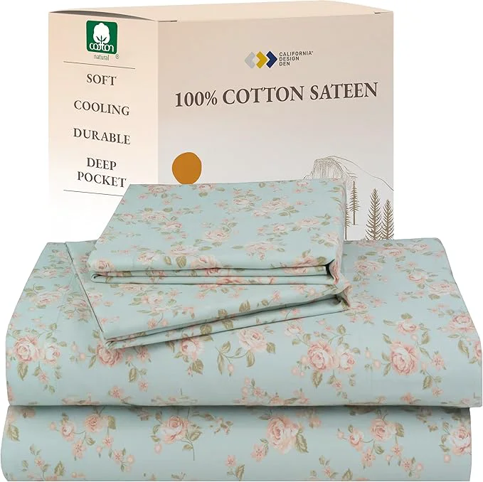 Solid California Design Den Printed Pattern Rose Queen Sheet Set Cotton Sateen Deep Pocket Queen Sheets amp Pillowcase Set - Vintage Rose Durable