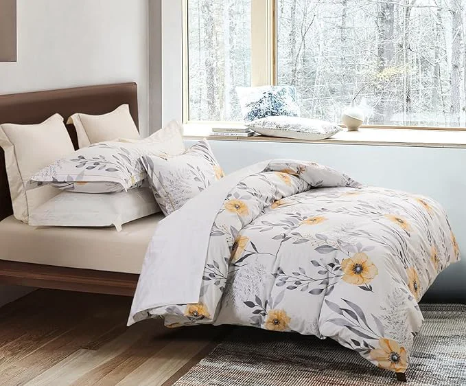 Original Design King Size Duvet Cover Set with Button Closure - Black and Yellow Botanical Luxury Bedding for a Comfortable Sleeping Sustainable