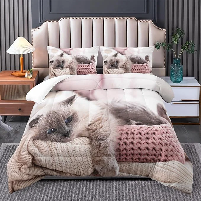 Environmentally Friendly Queen Cat Comforter Set for Girls Kawaii Queen Size Bedding Cute Comforter Set for Teen Girls Cat Room Decor Innovative