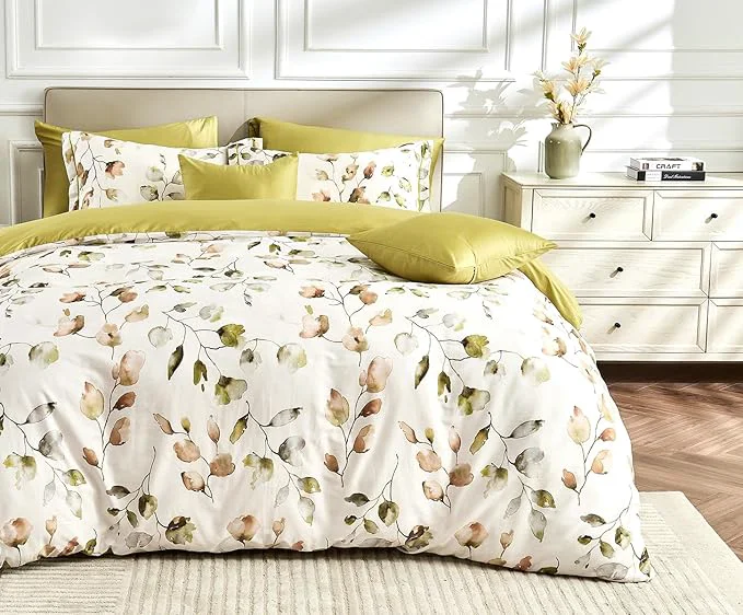 Sophisticated Queen Size Duvet Cover Set with Button Closure - Multicolor Light Green and Yellow Botanical Luxury Bedding for a Comfortable Sleeping Smooth