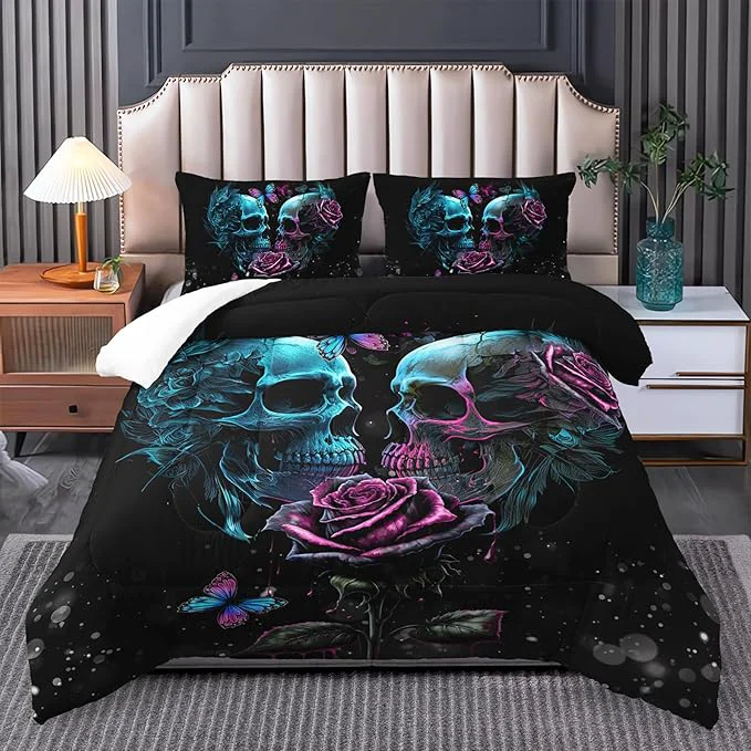 Convenient Skull Bedding Set Queen Size Goth Bedding Sets Queen with Comforter Skull Comforter Set Rose Comforter Halloween Skull Bed Comforter Blue Comforter Black Bedding Skull Quilt Smart