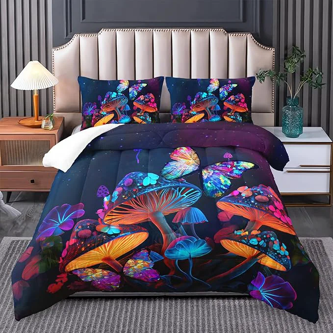 Pure Mushroom Bedding - King Bed Comforter Set Black amp Cute Boho Mushroom Bedroom Decor First-Class