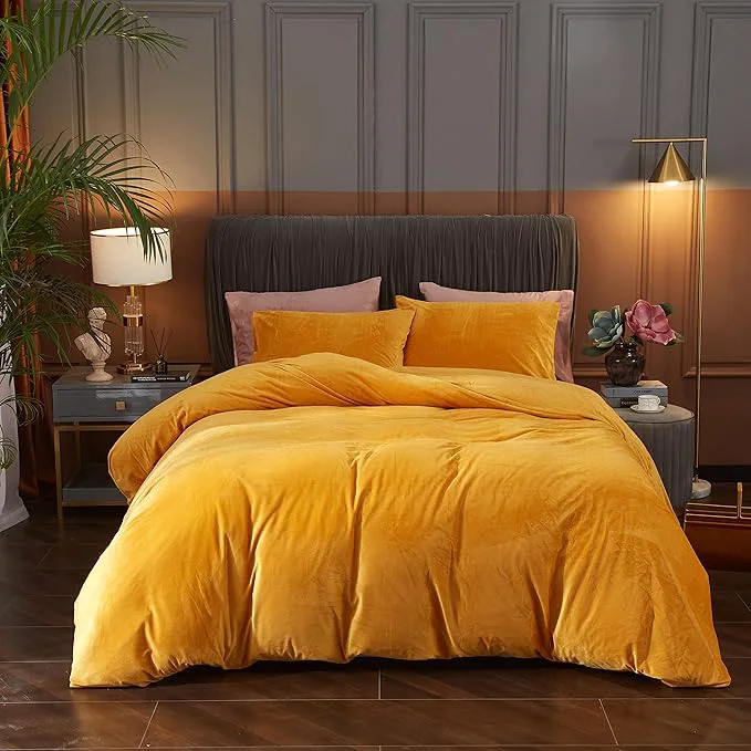 Effective Ivellow Velvet Flannel Duvet Cover King Size Gold Comforter Cover Set Ultra Soft Breathable Cozy Velour Solid Luxury Bedding Set Zipper Closure Corner Ties Elite