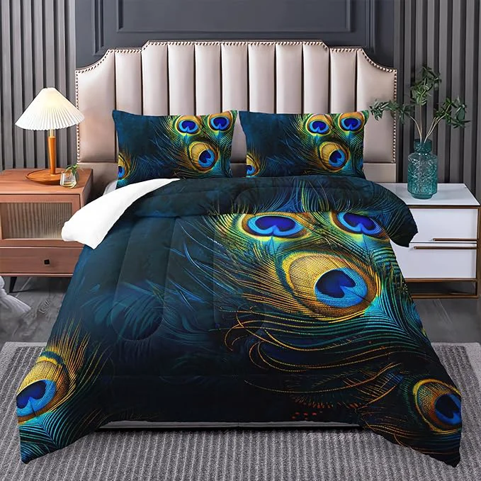 Exclusive peacock feather bedding sets King boho King comforter set for girls bohemian bedding King comforter set gothic bedding decor comforter western boho hippie King animal print black comforter set Trendy