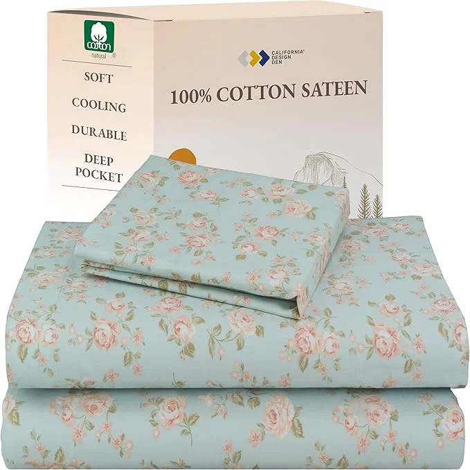 Contemporary California Design Den Rose Sheet Set Twin XL Cotton 12 quot Pocket Twin XL Sheets amp Pillowcase Set Soft Sateen Weave - Vintage Rose Recyclable
