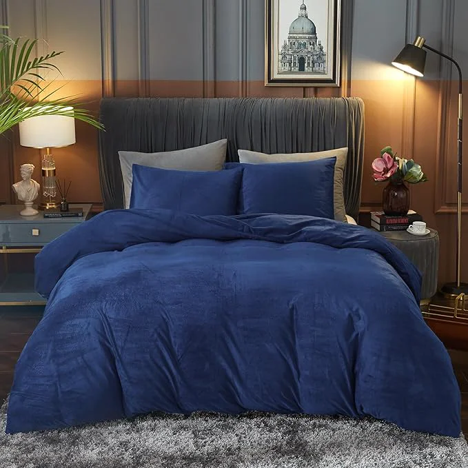 Exclusive Ivellow Velvet Duvet Cover Queen Size 3 Pcs Flannel Navy Blue Duvet Cover Queen Velvet Comforter Cover Bedding Set Ultra Soft Cozy Solid Luxury Velour Duvet Cover Set Zipper Closure Corner Ties Reusable