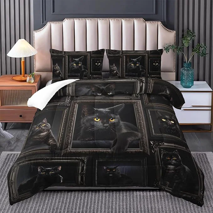 Professional Black Cat Comforter Set for Girls - Kawaii Full Size Bedding Cute Teen Room Decor Innovative