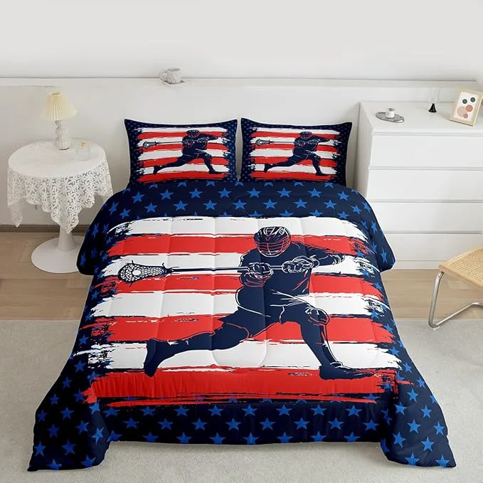 Consistent Feelyou Lacrosse Comforter Set Twin Size Boys Gilrs American Flag Sports Theme Bedding Set for Kids Adults Ultra Soft Lacrosse Player Games Comforter Navy Blue Duvet Set Room Decor Quilt Set Long-Lasting