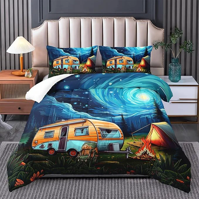 Sophisticated Short Full Quilt Bedding Set for RV Camper - Camping Theme Comforter Set Vintage Rustic Farmhouse Boho Travel-Inspired Design Consistent