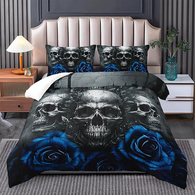 Excellent Gothic Queen Size Bedding Set - Skull amp Rose Comforter Black amp Blue Quilt Environmentally Friendly