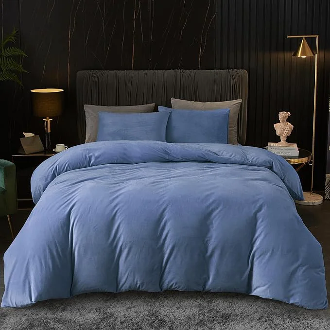 Selected Ivellow Velvet Duvet Cover Queen Set Blue Comforter Cover 3Pcs Ultra Soft Cover Breathable Solid Luxury Flannel Velour Duvet Cover Zipper Closure Corner Tie