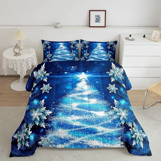 User-Friendly Feelyou Girls Christmas Tree Comforter Set Blue Xmas Theme Comforter Toddler Chic Winter Snowflake Bedding Set for Girls Daughter Bedroom Decor Soft Girly Glitter Quilted Duvet Winter Warm Bedding Smooth