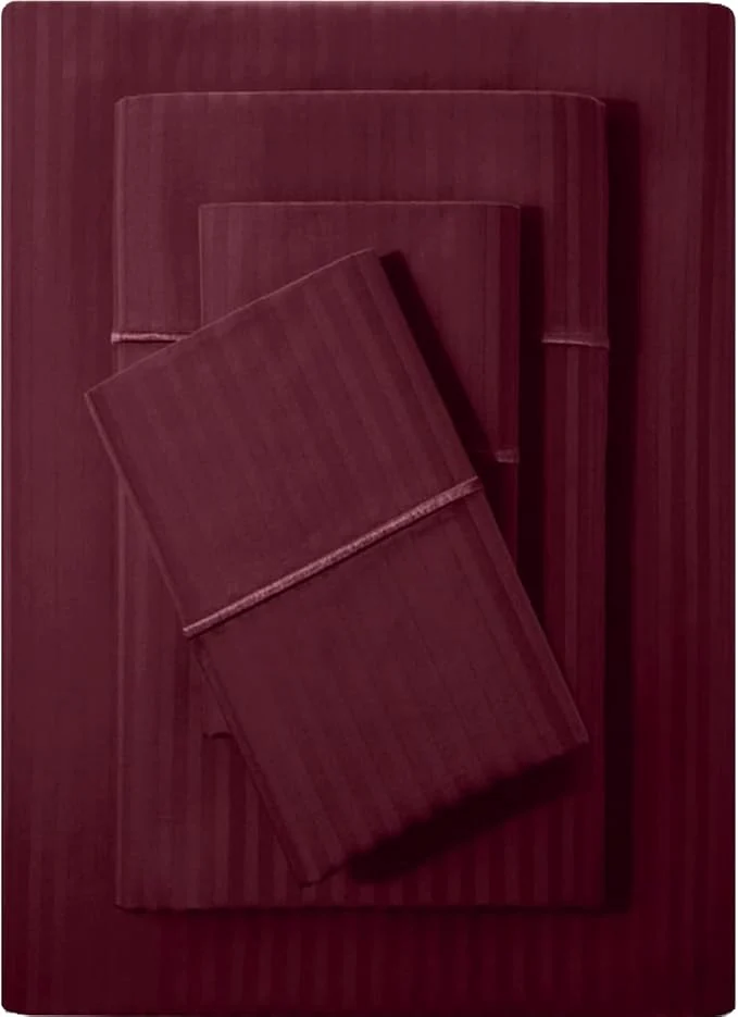 Contemporary Feather amp Stitch 500 TC Split King Size Sheet Set 5 Piece Sheets Set-2 Twin Fitted Sheet 1 King Flat Sheet amp 2 King Pillowcases 18 quot Deep Pockets Sateen Weave Striped Bedsheet - Burgundy Stripe Breathable