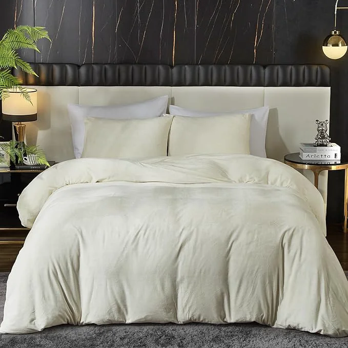 First-Class Ivellow Velvet Duvet Cover Set Beige Duvet Cover Queen Size 3Pcs Ultra Soft Comforter Cover Breathable Solid Luxury Flannel Velour Duvet Cover Zipper Closure Corner Tie Clean