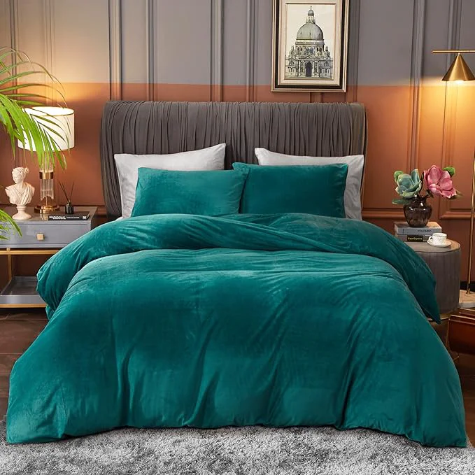 Enhanced Ivellow Velvet Flannel Duvet Cover King Size Peacock Blue Duvet Cover King Velvet Comforter Cover Set Ultra Soft Breathable Cozy Velour Duvet Cover Solid Luxury Bedding Set Zipper Closure Corner Ties Exclusive