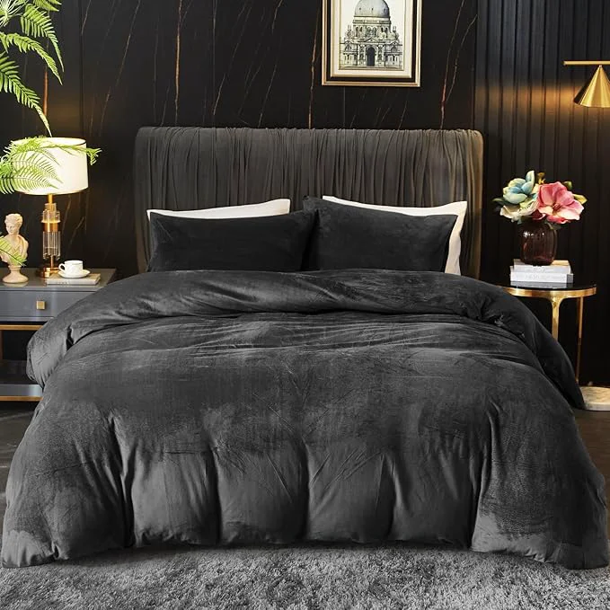 Fast Ivellow Velvet Duvet Cover Queen Set - Charcoal Gray 3Pcs Ultra Soft Breathable Solid Luxury Flannel Velour Comforter Cover With Zipper Closure and Corner Ties Clean